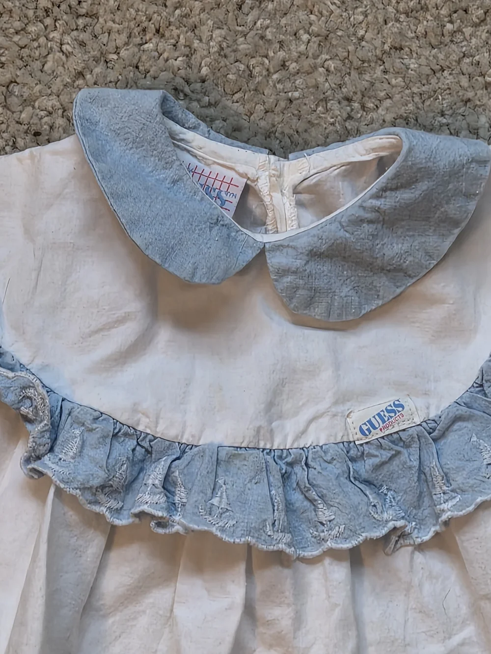 90s Vintage Guess by Marciano White Bubble Romper with Light Blue Ruffle Collar